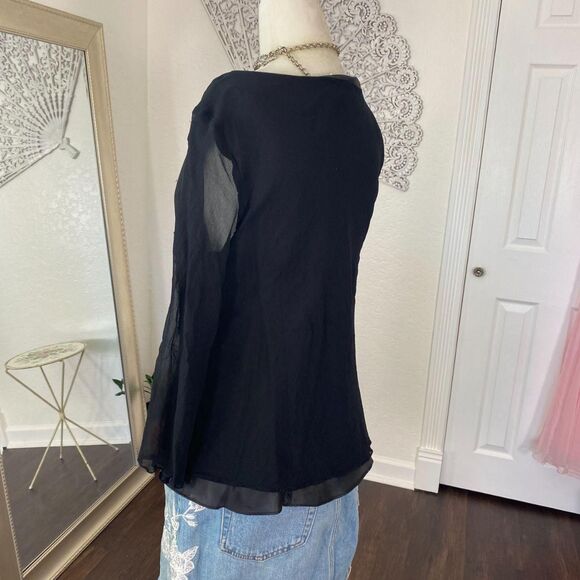 Vintage 90s Whimsygoth Asymmetric Black Beaded Silk 3/4 Sleeve Blouse L - Picture 6 of 8